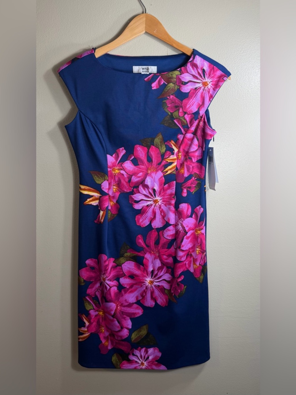 Wisp Petites Floral Dress Womens 4P Blue Pink Midi Sheath NWT Wedding Guest